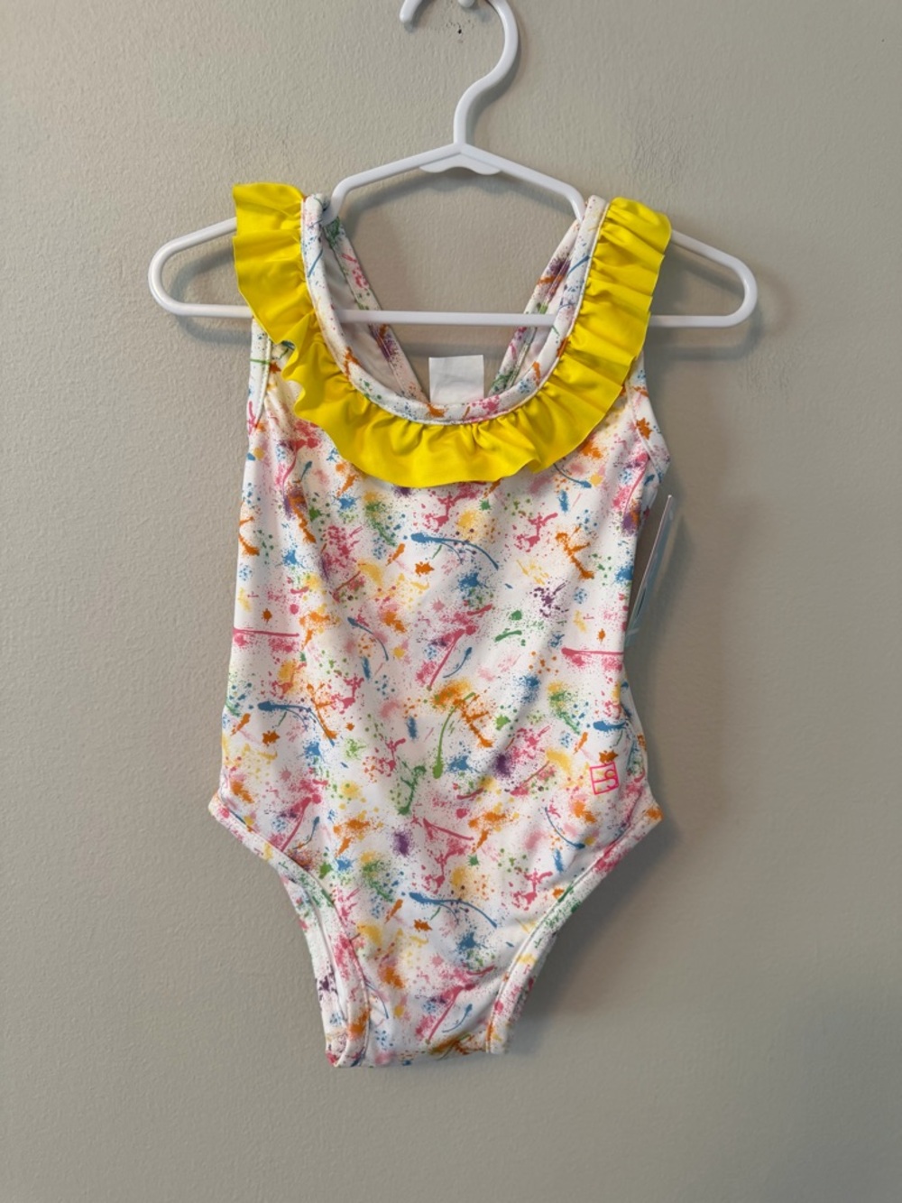 Set Athletics Yellow Ruffle One-Piece Swimsuit with Multicolor Splash Print